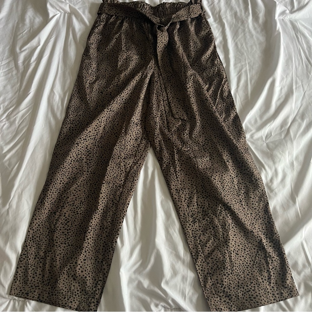 Cheetah Print Paper Bag Wide Leg Elastic Waist Tie Belt Womens Pants Large
